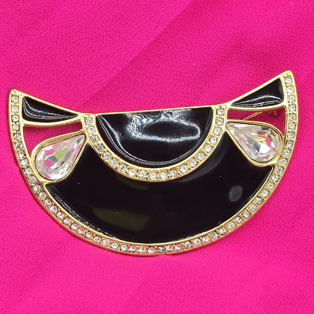 Monet Black and Gold Crystal Brooch Art Deco 80s